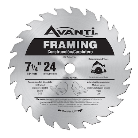 Avanti Avanti 7-1/4 in. D X 5/8 in. Carbide Tipped Steel Framing Saw Blade 24 teeth 1 pk A0724A